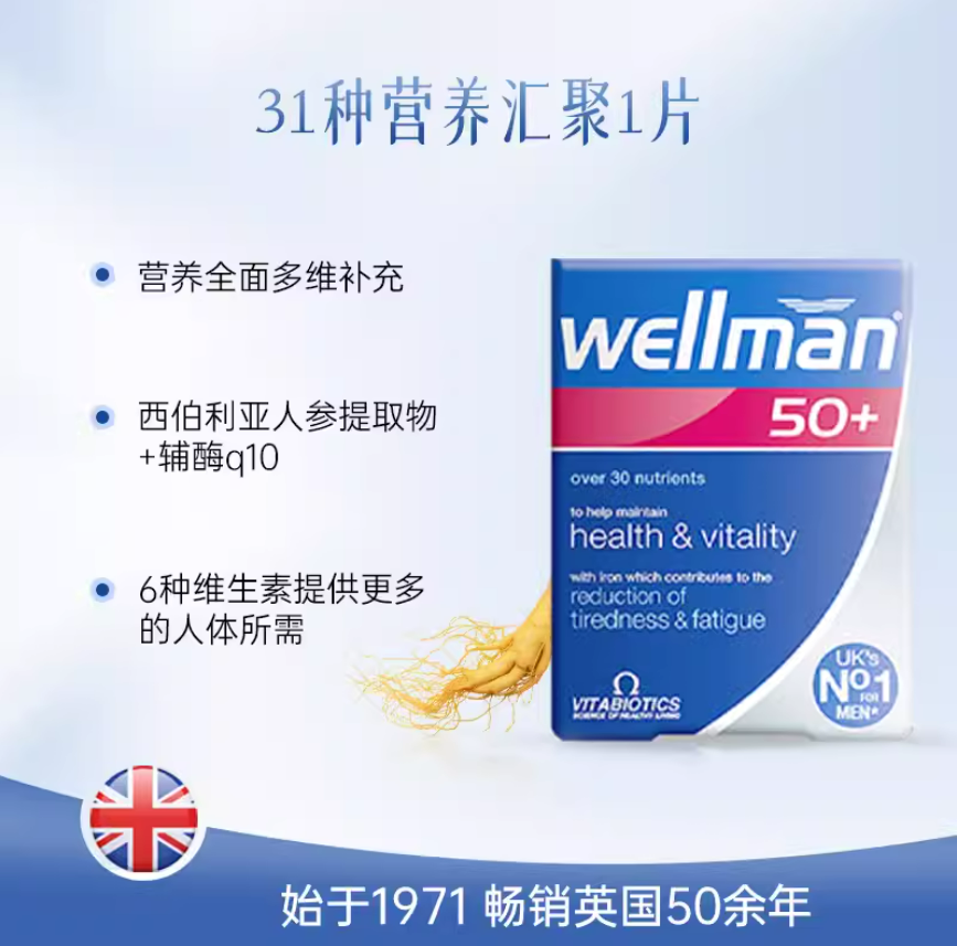 薇塔贝尔 50岁+男性综合维生素 30粒 重拾青春 送爸爸 公公 Vitabiotics Wellman 50+