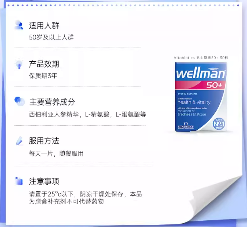 薇塔贝尔 50岁+男性综合维生素 30粒 重拾青春 送爸爸 公公 Vitabiotics Wellman 50+